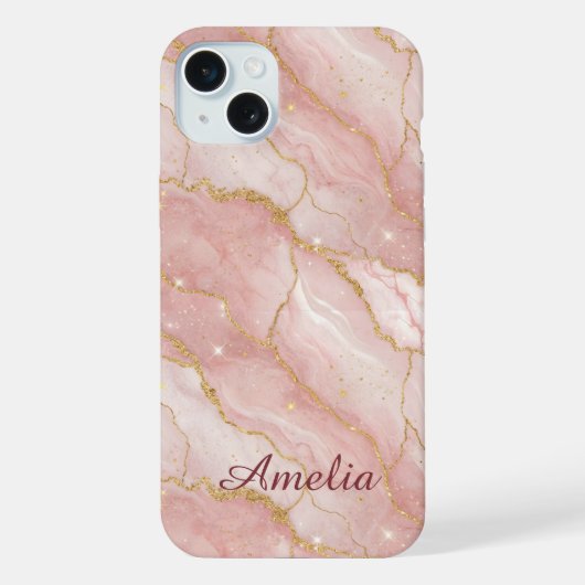 Personalized Modern Rose Quartz Marble Gold iPhone Hoesje (Achterkant)