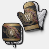 Personalized Monogram Agate Pink Rustic Metal Luxe Ovenwant & Pannenlap Set (Voorkant / Achterkant)