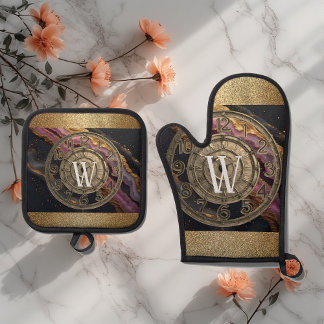 Personalized Monogram Agate Pink Rustic Metal Luxe Ovenwant & Pannenlap Set