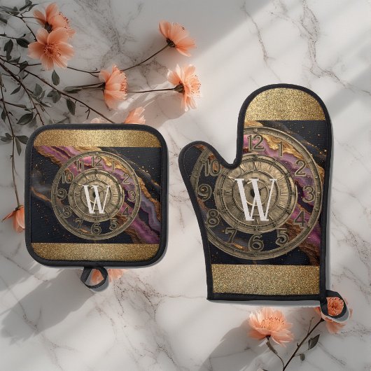 Personalized Monogram Agate Pink Rustic Metal Luxe Ovenwant & Pannenlap Set