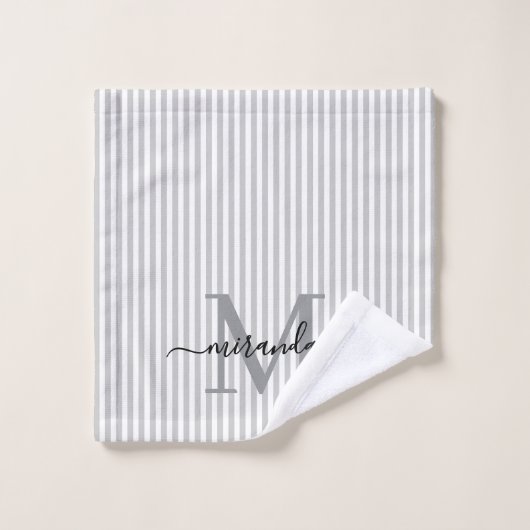 Personalized Monogram Gray & White Stripes Bad Handdoek (Wasdoekje)