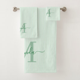 Personalized Monogram Green & White Stripes Bad Handdoek