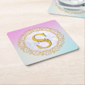 Personalized Monogram Mandala Gold and Blue Vierkante Kartonnen Onderzetter (Schuin)
