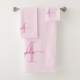 Personalized Monogram Pink & White Stripes Bad Handdoek
