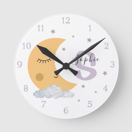 Personalized Moon & Stars Nursery Clock Lavender Ronde Klok (Voorkant)