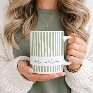 Personalized Mrs Mug Green Striped Coffee Mug