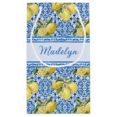 Personalized Name Blue Tile Mediterranean Lemon Klein Cadeauzakje (Achterkant)