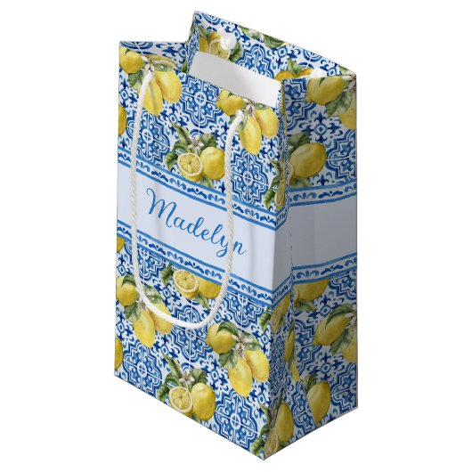 Personalized Name Blue Tile Mediterranean Lemon Klein Cadeauzakje (Voorkant Gekanteld)