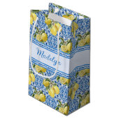 Personalized Name Blue Tile Mediterranean Lemon Klein Cadeauzakje (Achterkant Gekanteld)