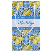 Personalized Name Blue Tile Mediterranean Lemon Klein Cadeauzakje (Voorkant)