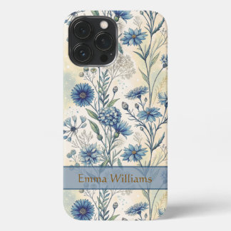 Personalized Name Blue Wildflowers iPhone 13 Pro Max Hoesje