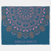 Personalized Name Boho Mandala Floral Blue Pink Fleece Deken (Voorkant (Horizontaal))