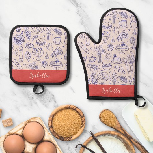 Personalized Name Cute Hand Drawn Food Ovenwant & Pannenlap Set
