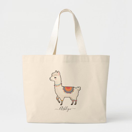 Personalized Name Cute Rainbow Llama Grote Tote Bag (Voorkant)