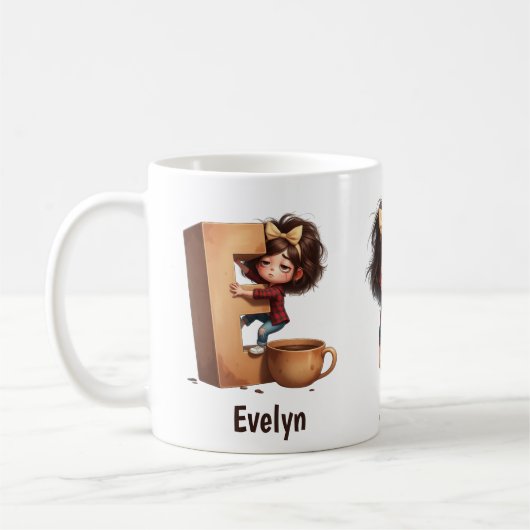 Personalized Name & E Sleepy Morning Plaid Charact Koffiemok (Links)