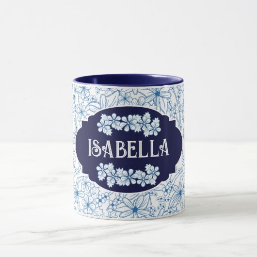 Personalized Name Feminine Blue Floral Pattern Mok (Midden)