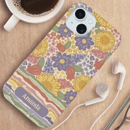 Personalized Name Floral Stripe Phone Case iPhone 15 Hoesje