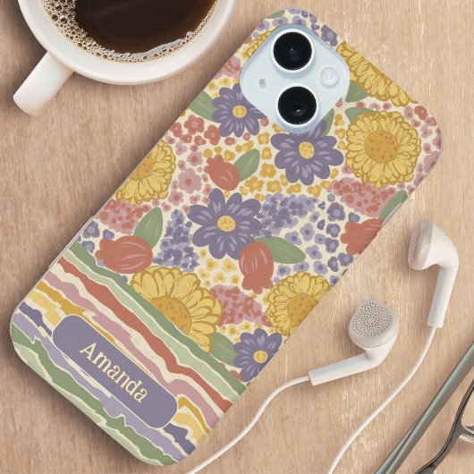 Personalized Name Floral Stripe Phone Case iPhone 15 Hoesje