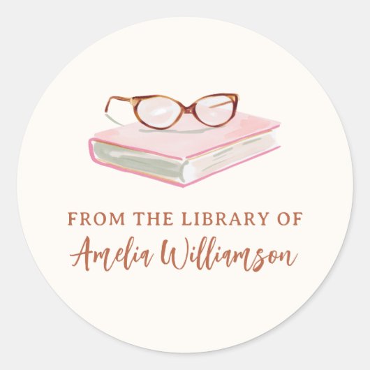 Personalized Name From The Library Pink Bookplate Ronde Sticker (Voorkant)