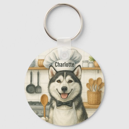 Personalized Name Funny Siberian Husky Dog Chef Sleutelhanger (Voorkant)