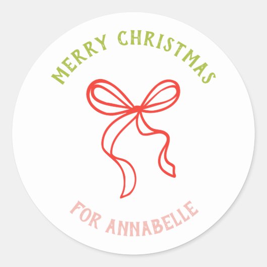Personalized Name Merry Christmas Bow Ronde Sticker (Voorkant)