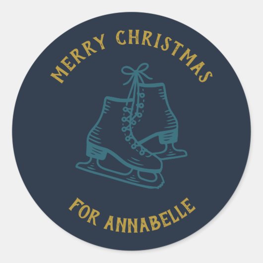 Personalized Name Merry Christmas Skates Ronde Sticker (Voorkant)
