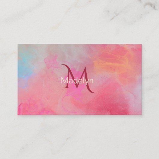 Personalized Name + Monogram Pink Watercolor Ink Visitekaartje (Voorkant)