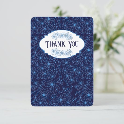 Personalized Name Navy Blue Floral Pattern, Blank Bedankkaart (Staand voorkant)