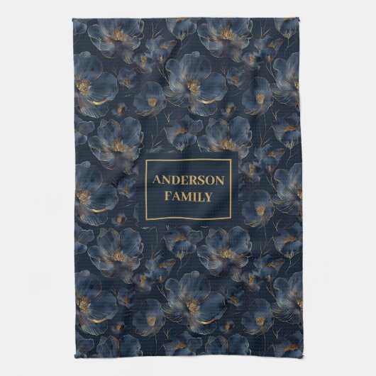 Personalized Navy Towel Chic Gold Flower Accent Theedoek (Verticaal)