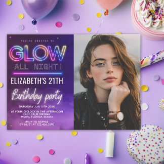 Personalized Neon Glow Birthday Invitation Photo Kaart