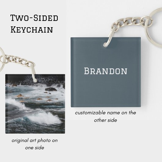 Personalized Ocean Wave Photo Minimal Men's Name Sleutelhanger