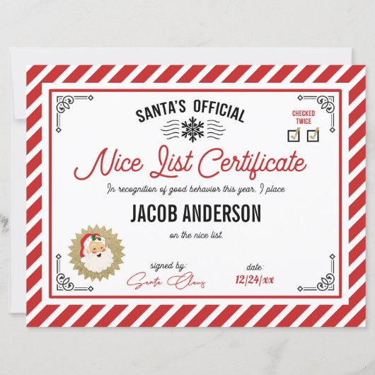 Personalized Official Santa Nice List Certificate (Voorkant)