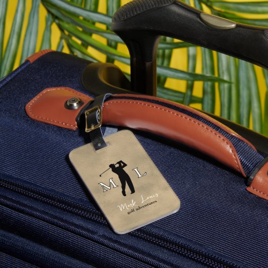 Personalized old-brown monogram golfer bagagelabel (Voorkant Insitu 1)