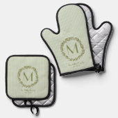 Personalized Olive Wreath Monogram Ovenwant & Pannenlap Set (Voorkant / Achterkant)