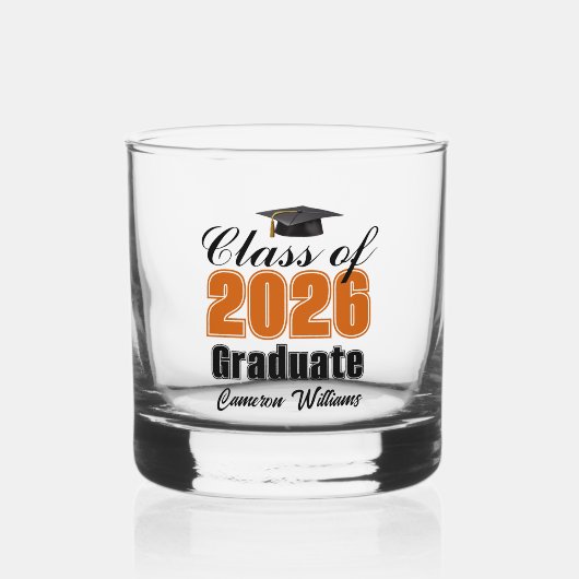 Personalized Orange Black Class of 2026 Graduation Whisky Glas (Voorkant)
