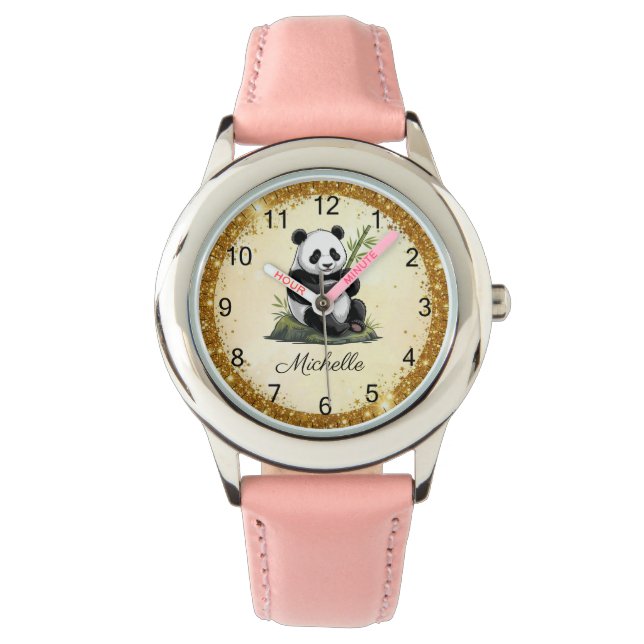 Personalized Panda Bear With Greenery Bamboo Gold Horloge (Voorkant)