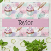 Personalized Pastel Cupcake Checkered Pattern Theedoek (Gevouwen)