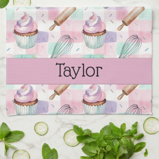 Personalized Pastel Cupcake Checkered Pattern Theedoek (Gevouwen)