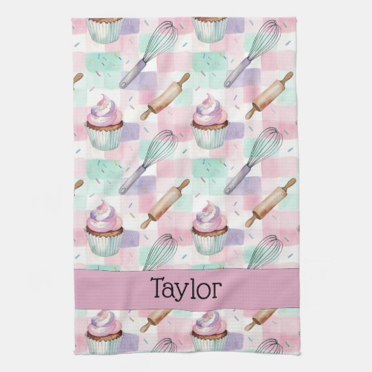 Personalized Pastel Cupcake Checkered Pattern Theedoek (Verticaal)