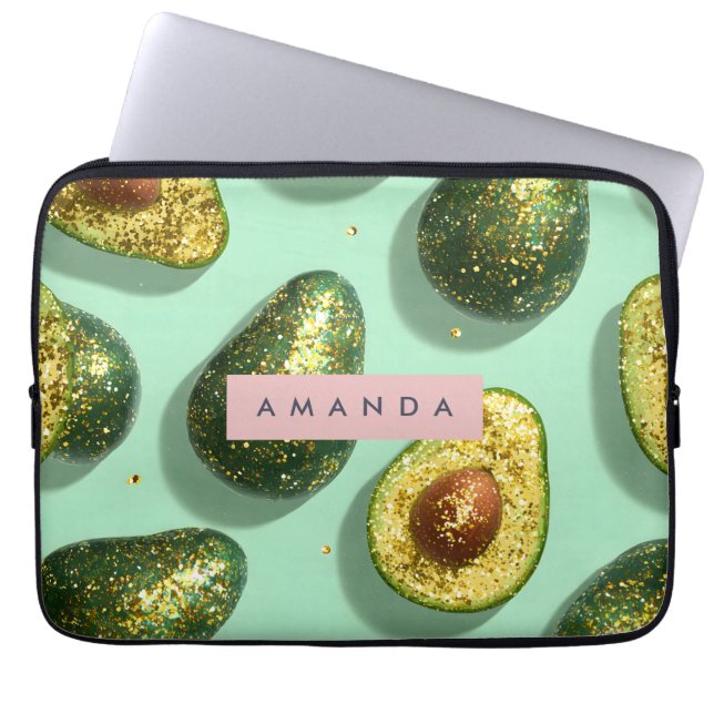 Personalized Pastel Glitter Avocado Design Laptop Sleeve (Voorkant)