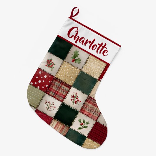 Personalized Patchwork Christmas Stocking  Grote Kerstsok (Voorkant (Hangend))