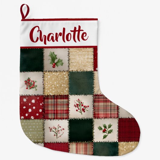 Personalized Patchwork Christmas Stocking Grote Kerstsok (Voorkant)