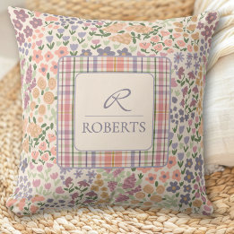 Personalized Patchwork Floral & Plaid Throw Pillow Kussen