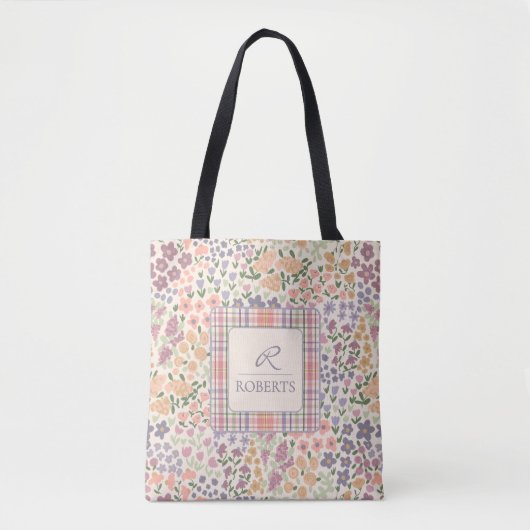 Personalized Patchwork Floral & Plaid Tote Bag (Devant)