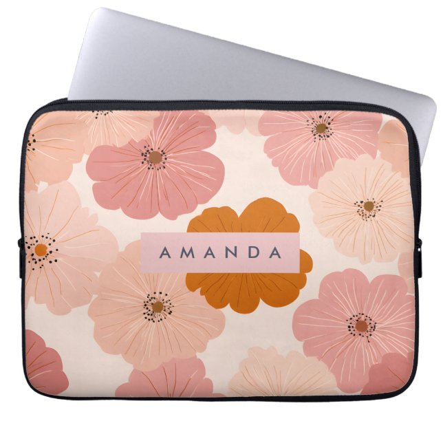 Personalized Peach and Pink Flower Print Laptop Sleeve (Voorkant)