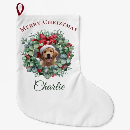 Personalized Pet Christmas with Wreath & Name Grote Kerstsok (Voorkant)