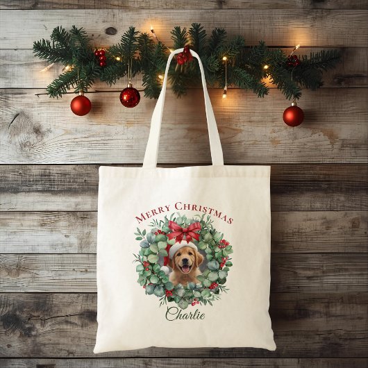 Personalized Pet Christmas with Wreath & Name Tote Bag