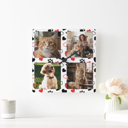 Personalized Pet Photo Collage Square Wall Clock  Vierkante Klok (Huis)