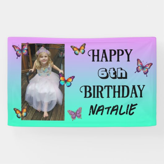 Personalized Photo and Age Butterfly Birthday Spandoek (Horizontaal)