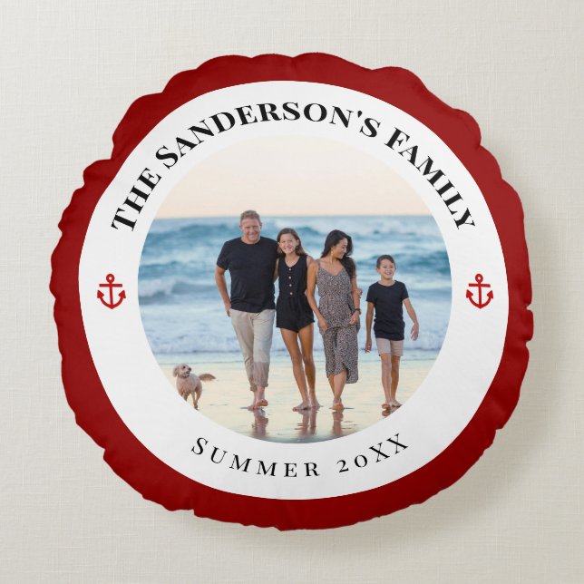 Personalized Photo in Black Circle with Red Anchor Rond Kussen (Voorkant)